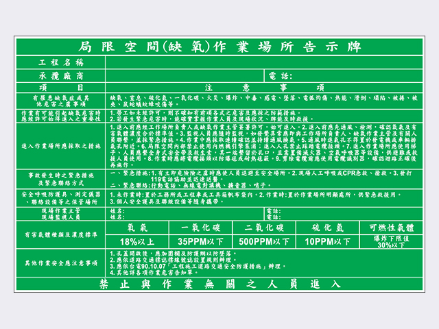 局限空間(缺氧)作業場所告示牌